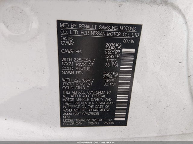 Nissan Rogue S/sl/sv 2016 KNMAT2MT1GP675935 Image 9