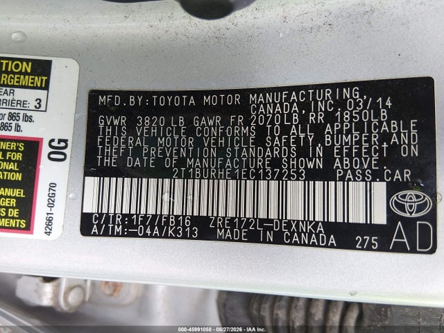 Продажа на аукционе авто 2014 Toyota Corolla Le, vin: 2T1BURHE1EC137253, номер лота: 45991058