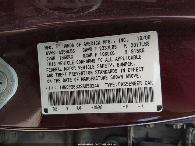Aukcja sprzedaży 2009 Honda Accord 2.4 Lx, vin: 1HGCP26339A050244, numer aukcji: 45991065
