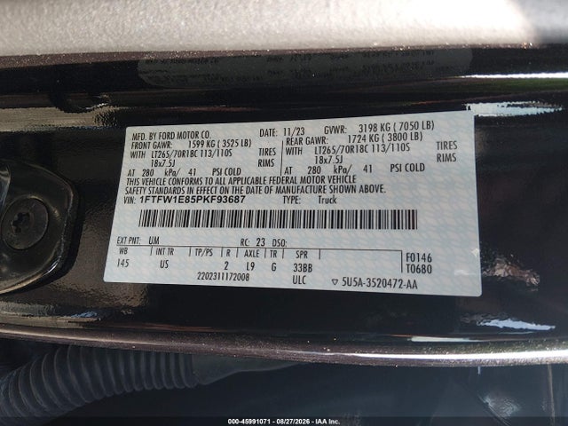 2023 Ford F-150 Xlt მანქანა იყიდება აუქციონზე, vin: 1FTFW1E85PKF93687, აუქციონის ნომერი: 45991071