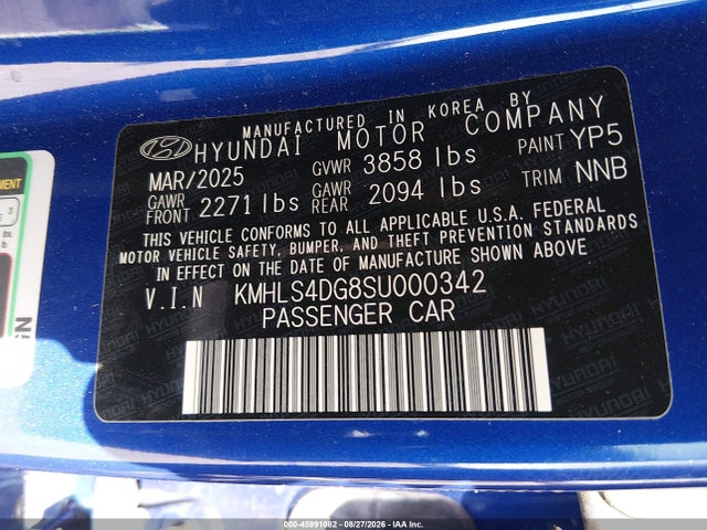 2025 Hyundai Elantra Sel Convenience მანქანა იყიდება აუქციონზე, vin: KMHLS4DG8SU000342, აუქციონის ნომერი: 45991082