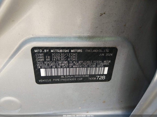 Aukcja sprzedaży 2024 Mitsubishi Mirage Es/le, vin: ML32AUHJ3RH016088, numer aukcji: 45991115