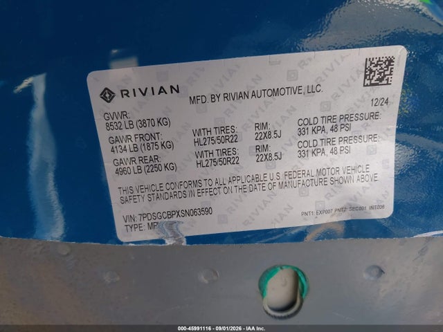 45991116 :رقم المزاد ، 7PDSGCBPXSN063590 vin ، 2025 Rivian R1s Ascend Tri Motor Max Pack/premium Tri Motor Max Pack مزاد بيع