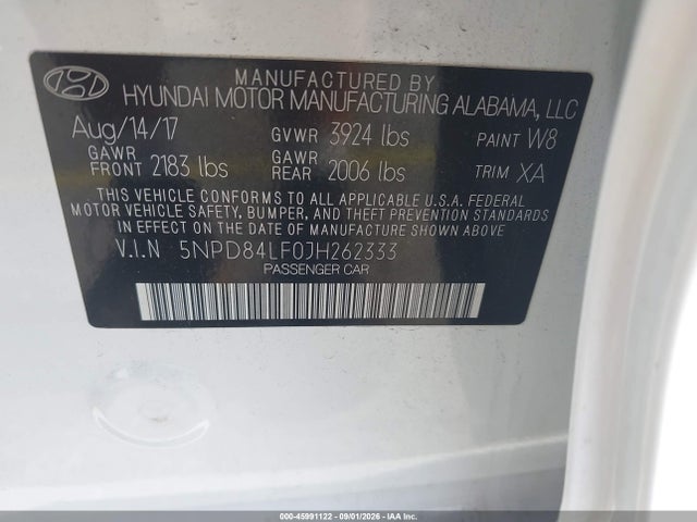 Aukcja sprzedaży 2018 Hyundai Elantra Sel, vin: 5NPD84LF0JH262333, numer aukcji: 45991122