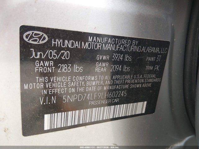 45991131 :رقم المزاد ، 5NPD74LF9LH602245 vin ، 2020 Hyundai Elantra Se مزاد بيع