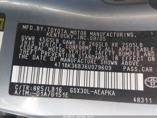 2006 Toyota Avalon Limited მანქანა იყიდება აუქციონზე, vin: 4T1BK36B36U079609, აუქციონის ნომერი: 45991137