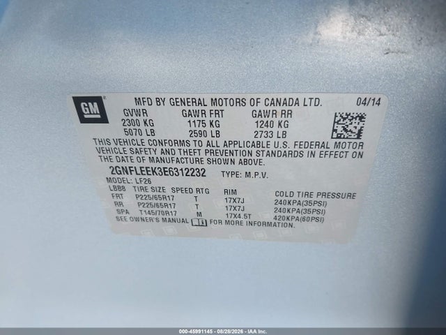 45991145 :رقم المزاد ، 2GNFLEEK3E6312232 vin ، 2014 Chevrolet Equinox Ls مزاد بيع