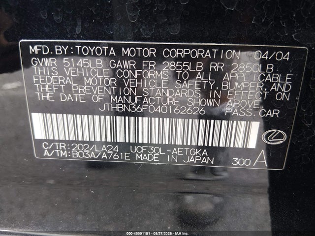 Продаж на аукціоні авто 2004 Lexus Ls 430, vin: JTHBN36F040162626, номер лоту: 45991151