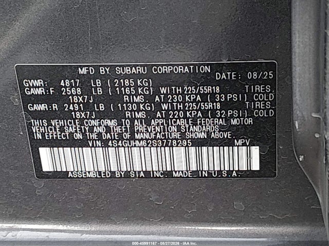 Aukcja sprzedaży 2025 Subaru Crosstrek Limited, vin: 4S4GUHM62S3778295, numer aukcji: 45991167
