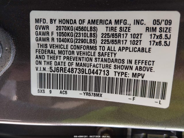45991201 :رقم المزاد ، 5J6RE48739L044713 vin ، 2009 Honda Cr-v Ex-l مزاد بيع