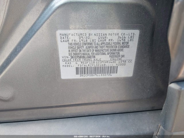 Aukcja sprzedaży 2020 Nissan Kicks S Xtronic Cvt, vin: 3N1CP5BV9LL550726, numer aukcji: 45991205