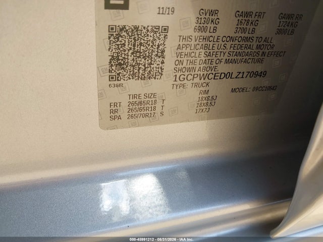 45991212 :رقم المزاد ، 1GCPWCED0LZ170949 vin ، 2020 Chevrolet Silverado 1500 مزاد بيع