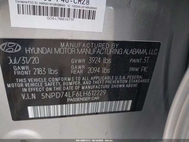 2020 Hyundai Elantra Se მანქანა იყიდება აუქციონზე, vin: 5NPD74LF6LH612229, აუქციონის ნომერი: 45991213