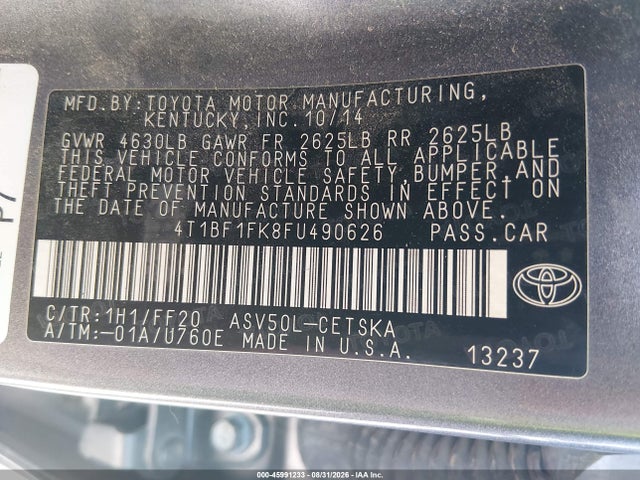45991233 :رقم المزاد ، 4T1BF1FK8FU490626 vin ، 2015 Toyota Camry Se مزاد بيع