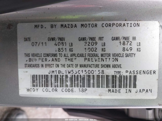 Aukcja sprzedaży 2012 Mazda Mazda3 S Grand Touring, vin: JM1BL1W53C1500158, numer aukcji: 45991246