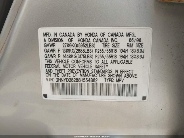 Aukcja sprzedaży 2008 Acura Mdx, vin: 2HNYD28288H554882, numer aukcji: 45991249