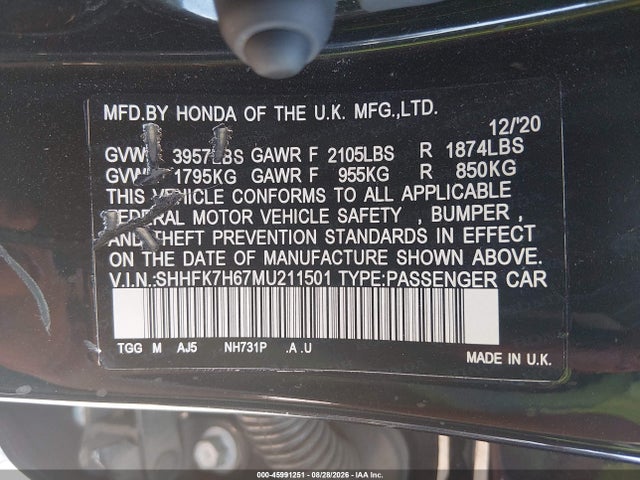 2021 Honda Civic Ex მანქანა იყიდება აუქციონზე, vin: SHHFK7H67MU211501, აუქციონის ნომერი: 45991251