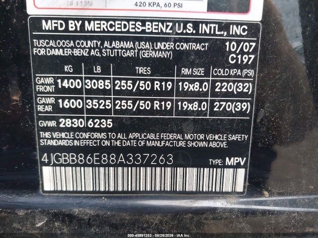 2008 Mercedes-benz Ml 350 4matic მანქანა იყიდება აუქციონზე, vin: 4JGBB86E88A337263, აუქციონის ნომერი: 45991253