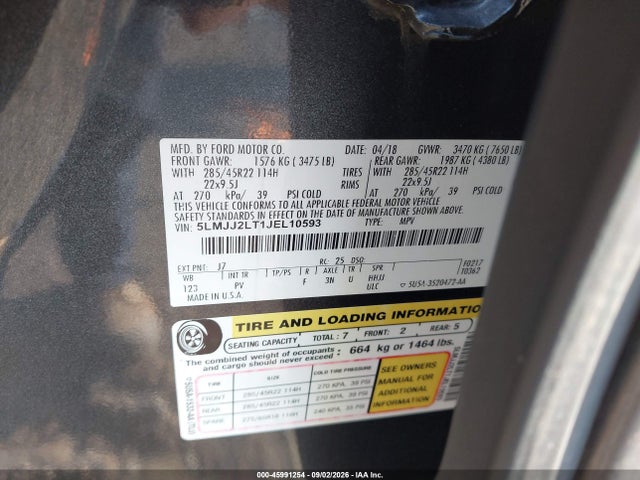 Aukcja sprzedaży 2018 Lincoln Navigator Reserve, vin: 5LMJJ2LT1JEL10593, numer aukcji: 45991254