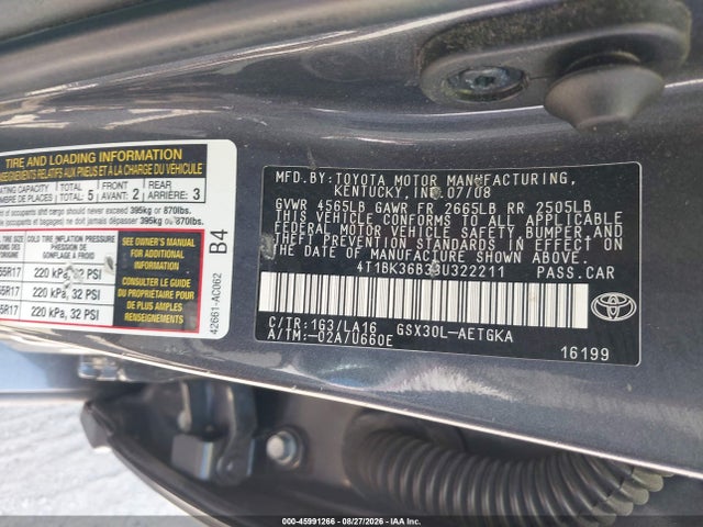 45991266 :رقم المزاد ، 4T1BK36B38U322211 vin ، 2008 Toyota Avalon Xls مزاد بيع