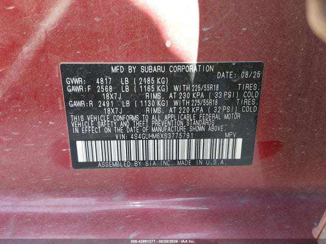 2025 Subaru Crosstrek Limited მანქანა იყიდება აუქციონზე, vin: 4S4GUHM6XS3775791, აუქციონის ნომერი: 45991277