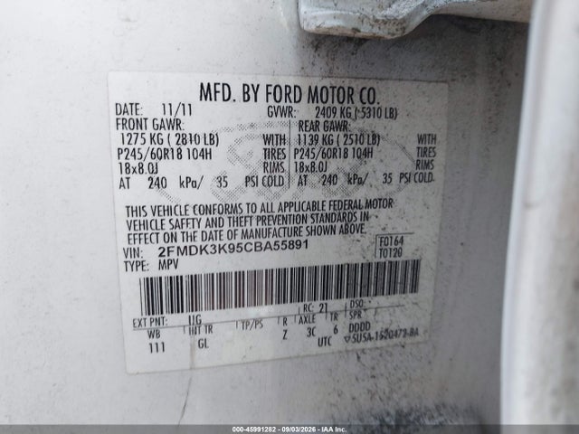 45991282 :رقم المزاد ، 2FMDK3K95CBA55891 vin ، 2012 Ford Edge Limited مزاد بيع