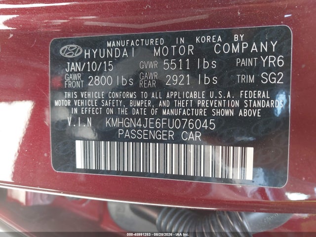 Продажа на аукционе авто 2015 Hyundai Genesis 3.8l, vin: KMHGN4JE6FU076045, номер лота: 45991283