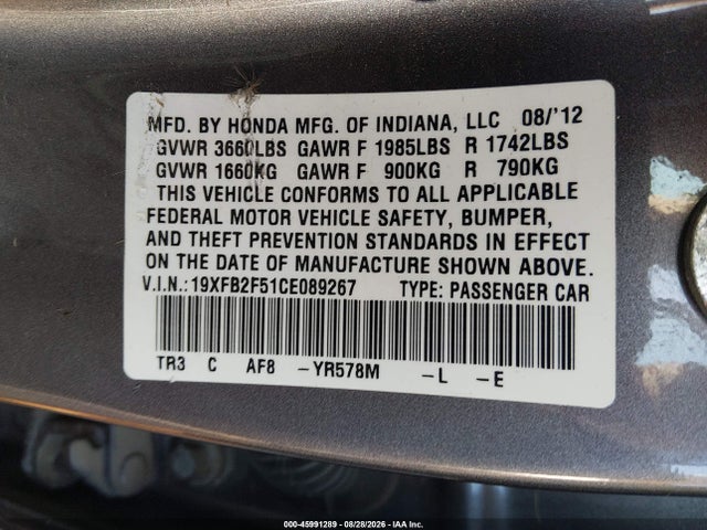Продажа на аукционе авто 2012 Honda Civic Lx, vin: 19XFB2F51CE089267, номер лота: 45991289