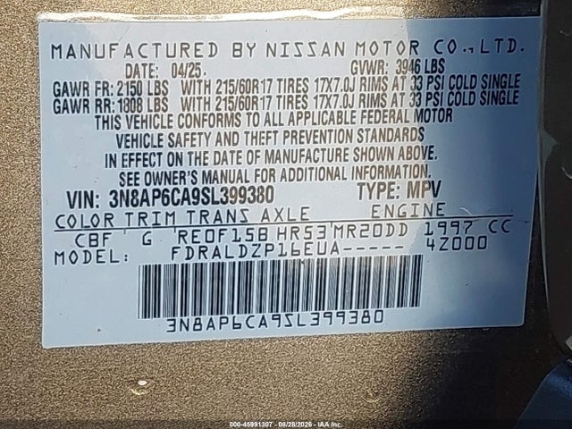 45991307 :رقم المزاد ، 3N8AP6CA9SL399380 vin ، 2025 Nissan Kicks Sv Fwd مزاد بيع