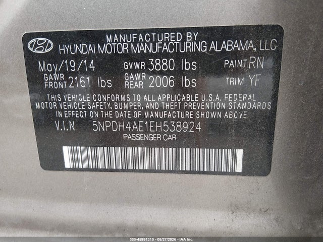 Hyundai Elantra Limited 2014 5NPDH4AE1EH538924 Image 9