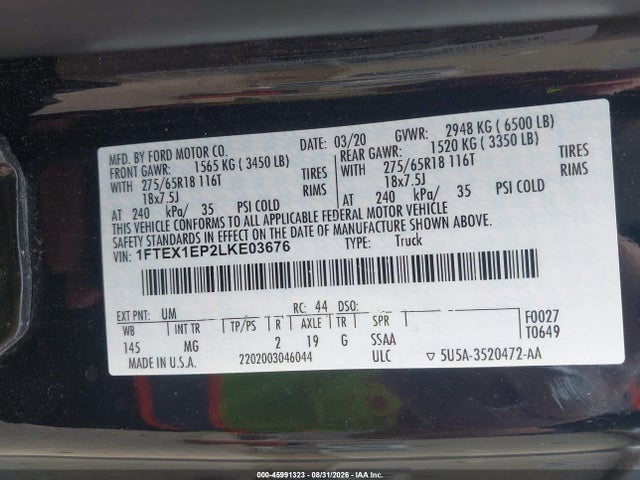 Aukcja sprzedaży 2020 Ford F-150 Xlt, vin: 1FTEX1EP2LKE03676, numer aukcji: 45991323