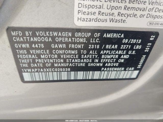 Volkswagen Passat 2.5l S 2014 1VWAP7A3XEC025038 Image 9