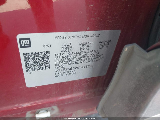 45991345 :رقم المزاد ، 1G1FZ6S02N4113893 vin ، 2022 Chevrolet Bolt Euv Fwd Premier مزاد بيع