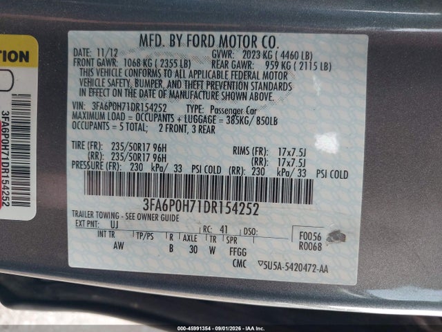 2013 Ford Fusion Se მანქანა იყიდება აუქციონზე, vin: 3FA6P0H71DR154252, აუქციონის ნომერი: 45991354