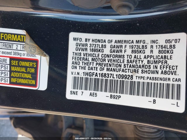 Aukcja sprzedaży 2007 Honda Civic Ex, vin: 1HGFA16837L109928, numer aukcji: 45991377
