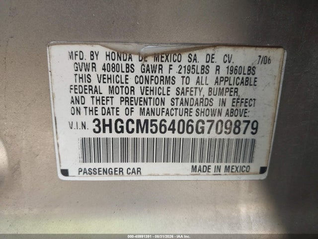 Продажа на аукционе авто 2006 Honda Accord 2.4 Lx, vin: 3HGCM56406G709879, номер лота: 45991391