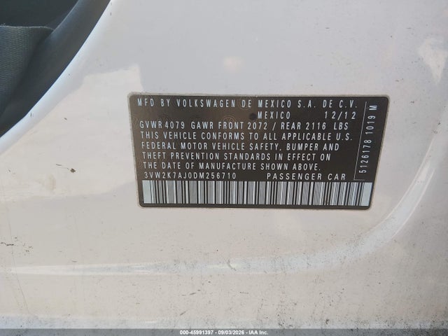 45991397 :رقم المزاد ، 3VW2K7AJ0DM256710 vin ، 2013 Volkswagen Jetta 2.0l S مزاد بيع