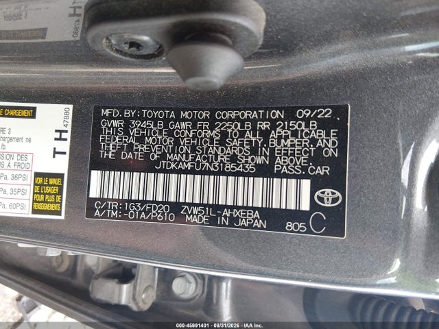 2022 Toyota Prius Le მანქანა იყიდება აუქციონზე, vin: JTDKAMFU7N3185435, აუქციონის ნომერი: 45991401