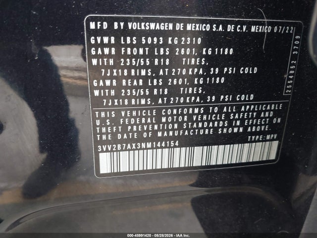 Aukcja sprzedaży 2022 Volkswagen Tiguan 2.0t Se, vin: 3VV2B7AX3NM144154, numer aukcji: 45991420