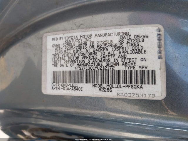 2000 Toyota Sienna Xle მანქანა იყიდება აუქციონზე, vin: 4T3ZF13C1YU212172, აუქციონის ნომერი: 45991423