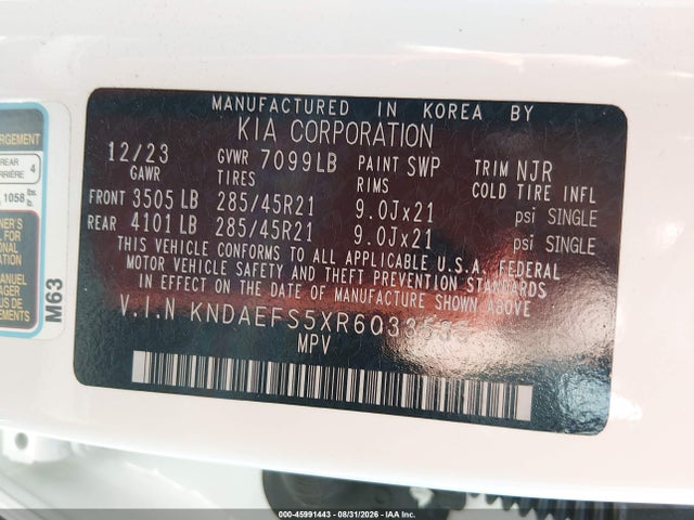 45991443 :رقم المزاد ، KNDAEFS5XR6033535 vin ، 2024 Kia Ev9 Gt-line مزاد بيع