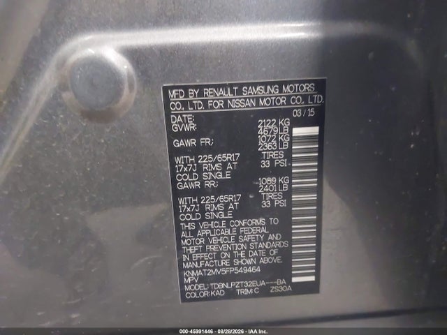 45991446 :رقم المزاد ، KNMAT2MV5FP549464 vin ، 2015 Nissan Rogue S/sl/sv مزاد بيع