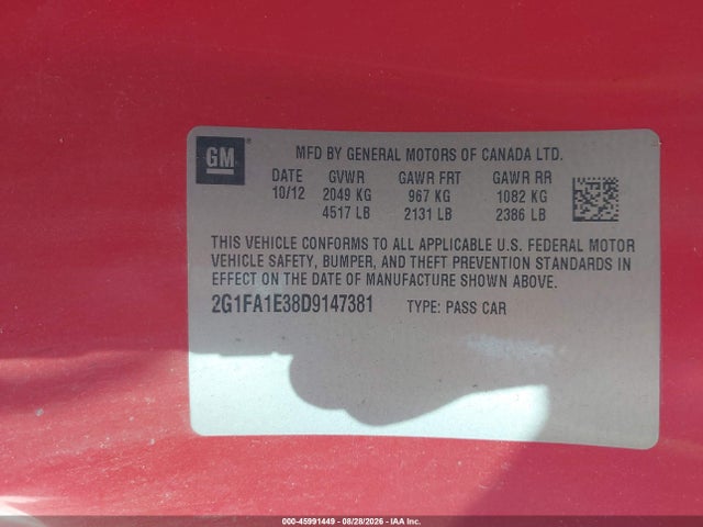 Продажа на аукционе авто 2013 Chevrolet Camaro 2ls, vin: 2G1FA1E38D9147381, номер лота: 45991449