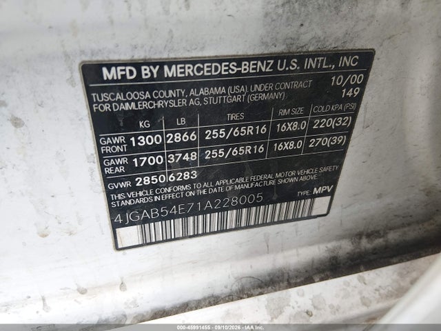 Продажа на аукционе авто 2001 Mercedes-benz Ml 320, vin: 4JGAB54E71A228005, номер лота: 45991455