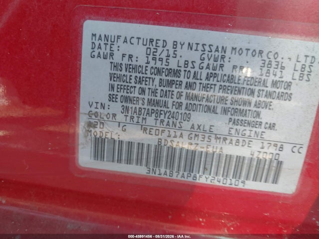 Aukcja sprzedaży 2015 Nissan Sentra Sr, vin: 3N1AB7AP8FY240109, numer aukcji: 45991456