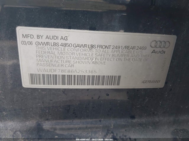 2006 Audi A4 2.0t მანქანა იყიდება აუქციონზე, vin: WAUDF78E86A253365, აუქციონის ნომერი: 45991457