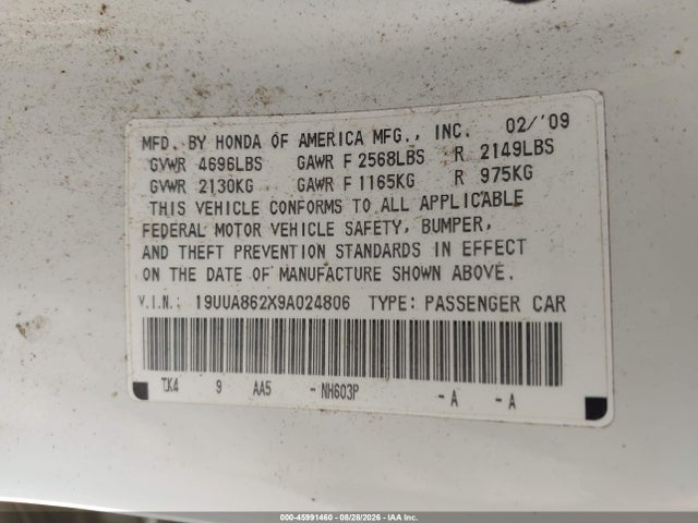 Aukcja sprzedaży 2009 Acura Tl 3.5, vin: 19UUA862X9A024806, numer aukcji: 45991460