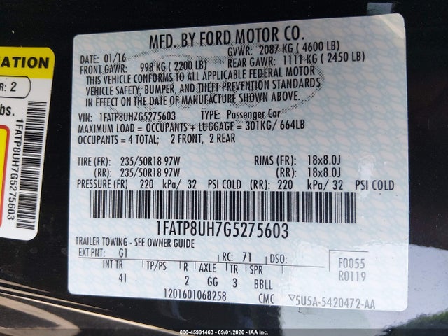 45991463 :رقم المزاد ، 1FATP8UH7G5275603 vin ، 2016 Ford Mustang Ecoboost Premium مزاد بيع
