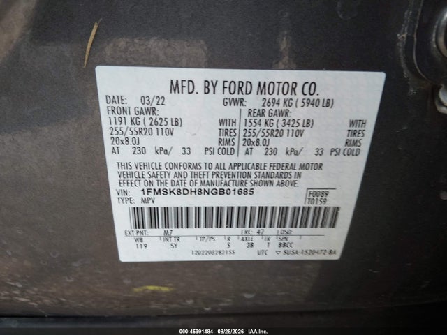 Aukcja sprzedaży 2022 Ford Explorer Xlt, vin: 1FMSK8DH8NGB01685, numer aukcji: 45991484