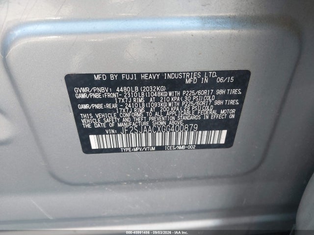 Продаж на аукціоні авто 2016 Subaru Forester 2.5i, vin: JF2SJAACXGG400879, номер лоту: 45991486